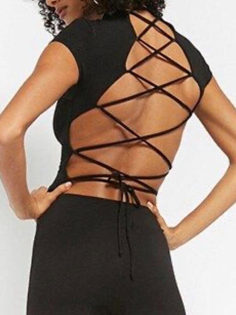 Black crop top with criss-cross lacing on the back